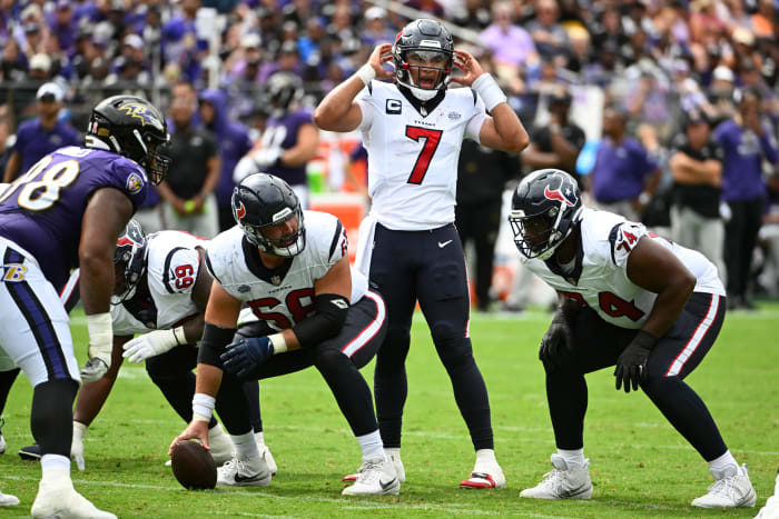 Houston Texans quarterback C.J. Stroud (7) at the line of scrimmage against the Baltimore Ravens during the first half at M&T Bank Stadium. Mandatory Credit: Brad Mills-USA TODAY Sports